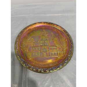 Vintage Carnival Glass Independence Hall Plate Iridescent Marigold